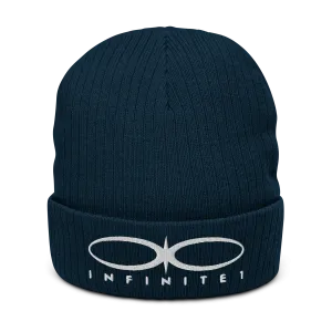Ribbed Logo Over Text Navy Blue Knit Beanie