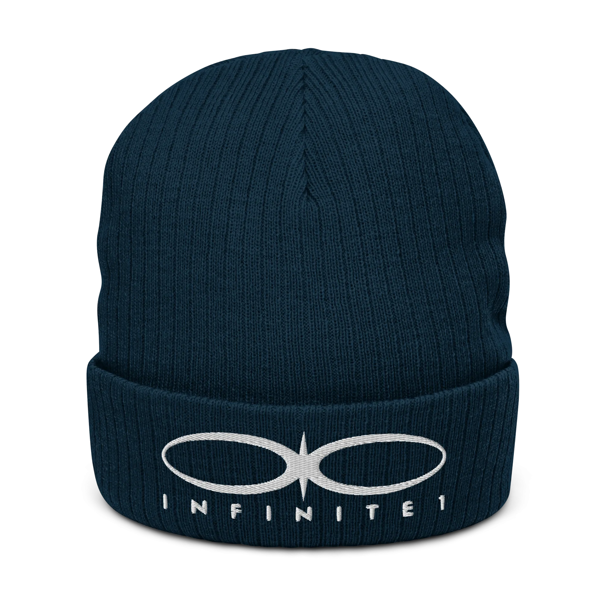 Ribbed Logo Over Text Navy Blue Knit Beanie
