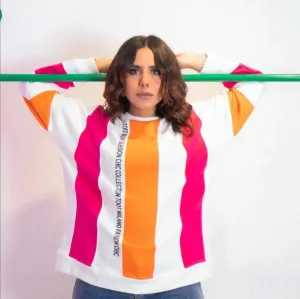 Striped sweatshirt   writing on the side of the chest