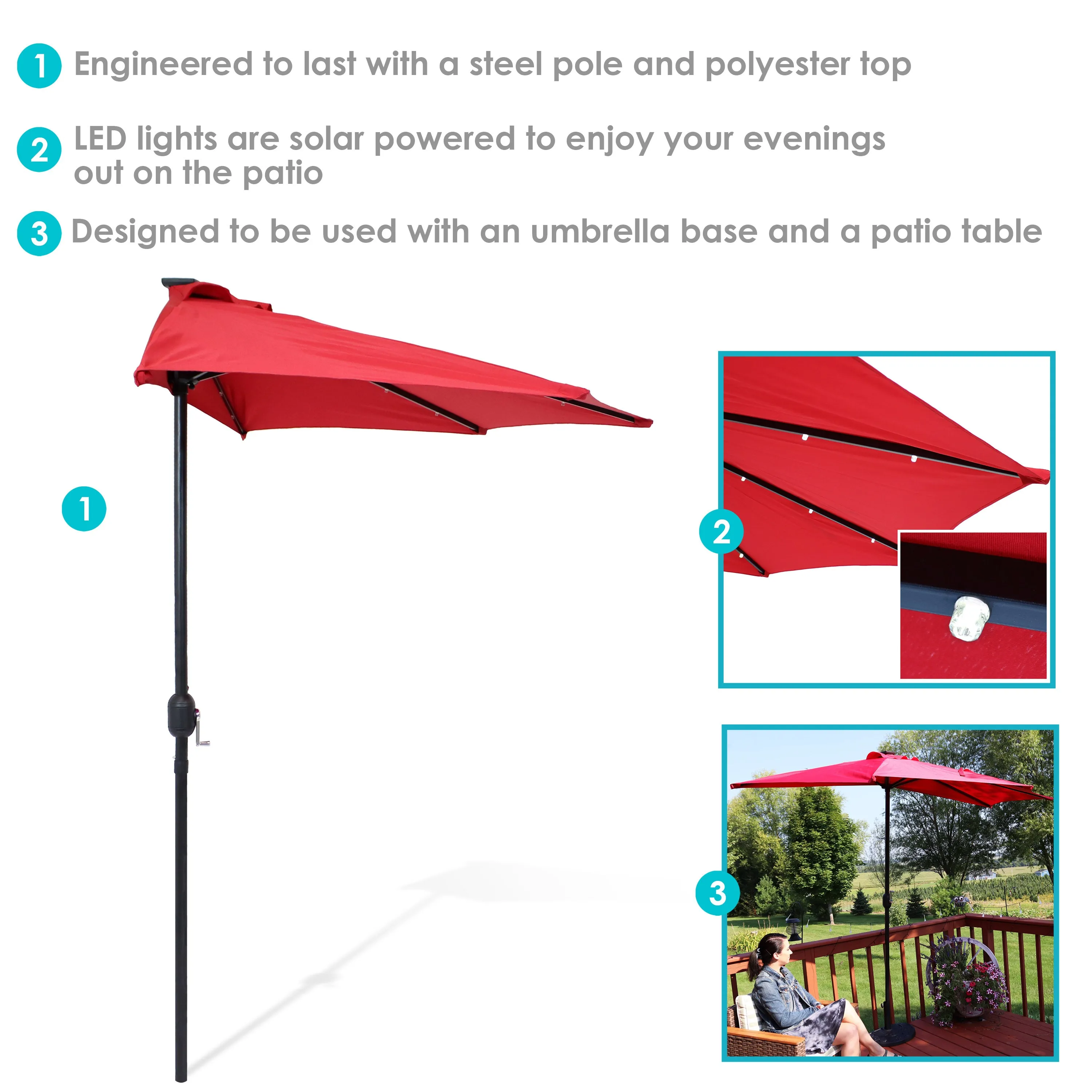 Sunnydaze 9' Solar Outdoor Half Patio Umbrella with LED Lights