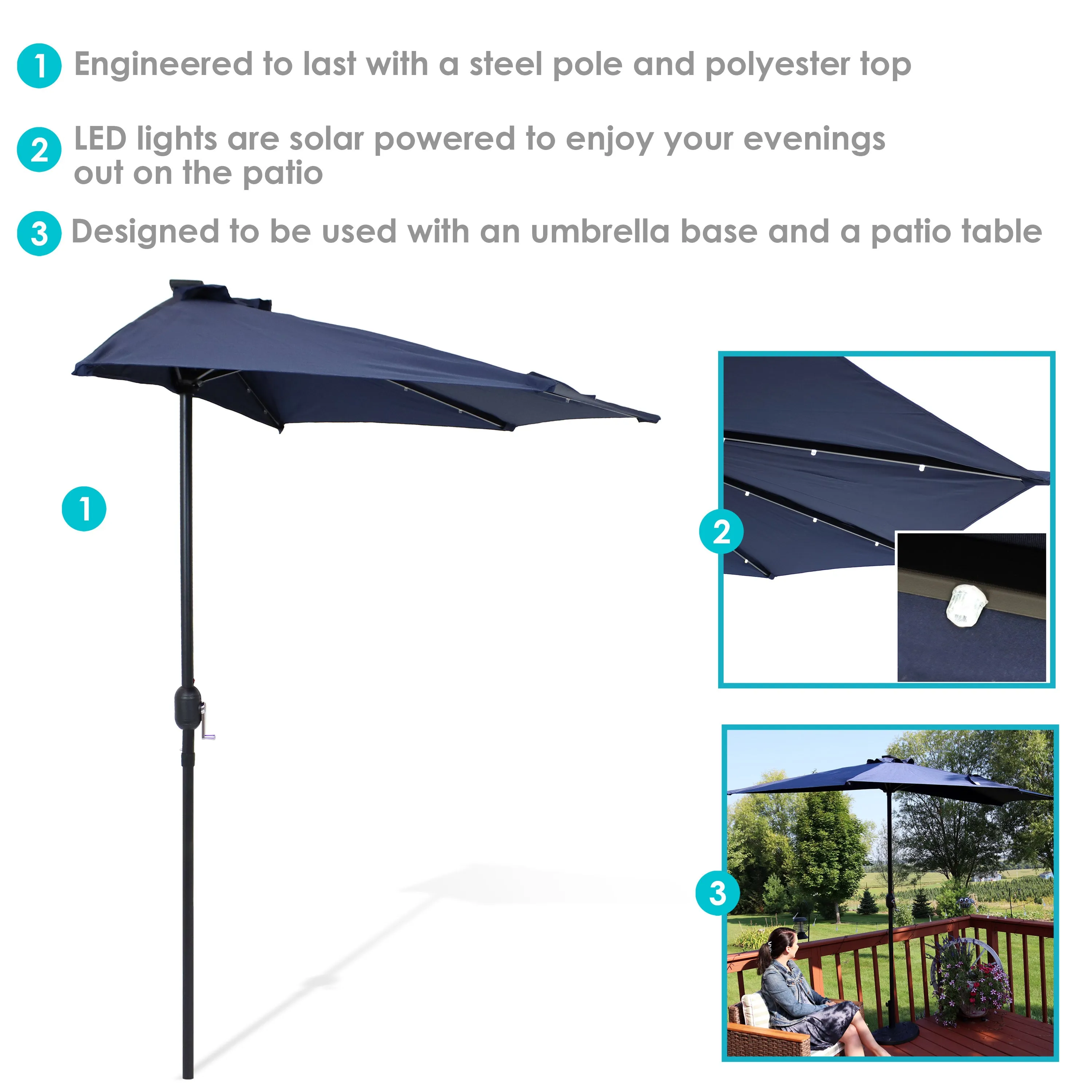 Sunnydaze 9' Solar Outdoor Half Patio Umbrella with LED Lights