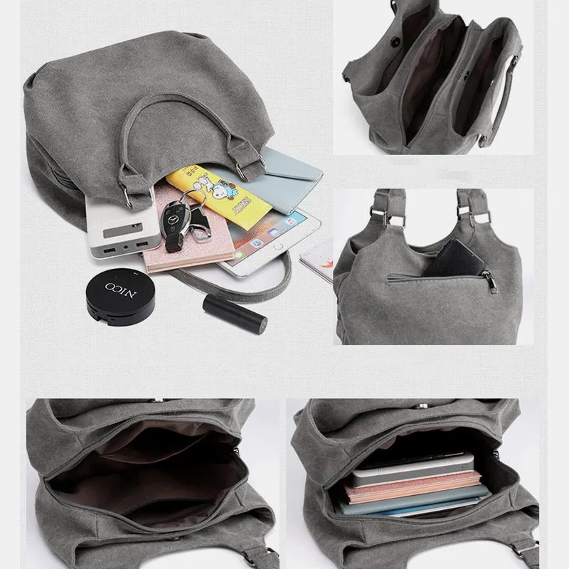 Triple Compartment Canvas Tote Lightweight Functional Hobo Handbag Purse