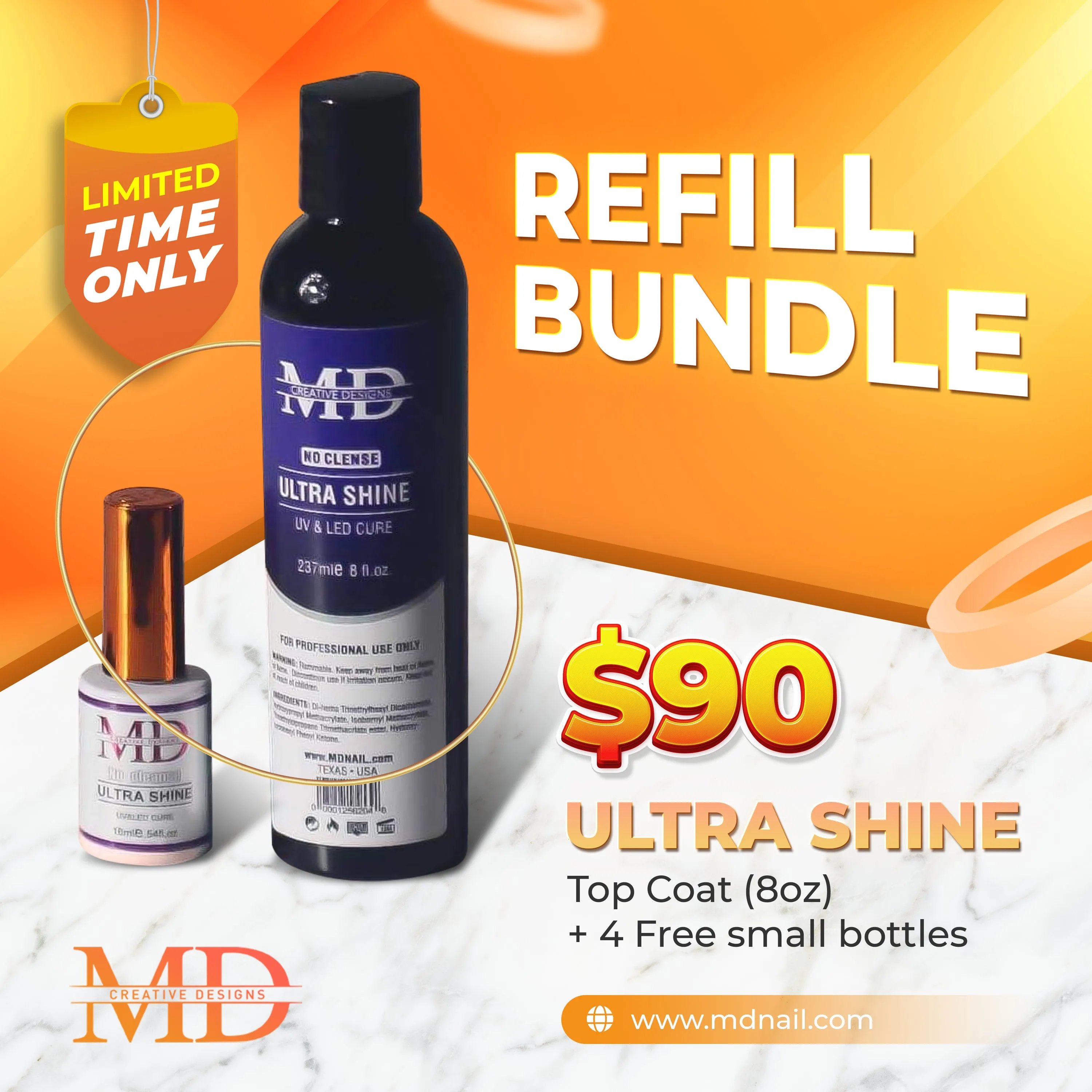 ULTRA SHINE Top Coat (8oz)   4 Free small bottles.