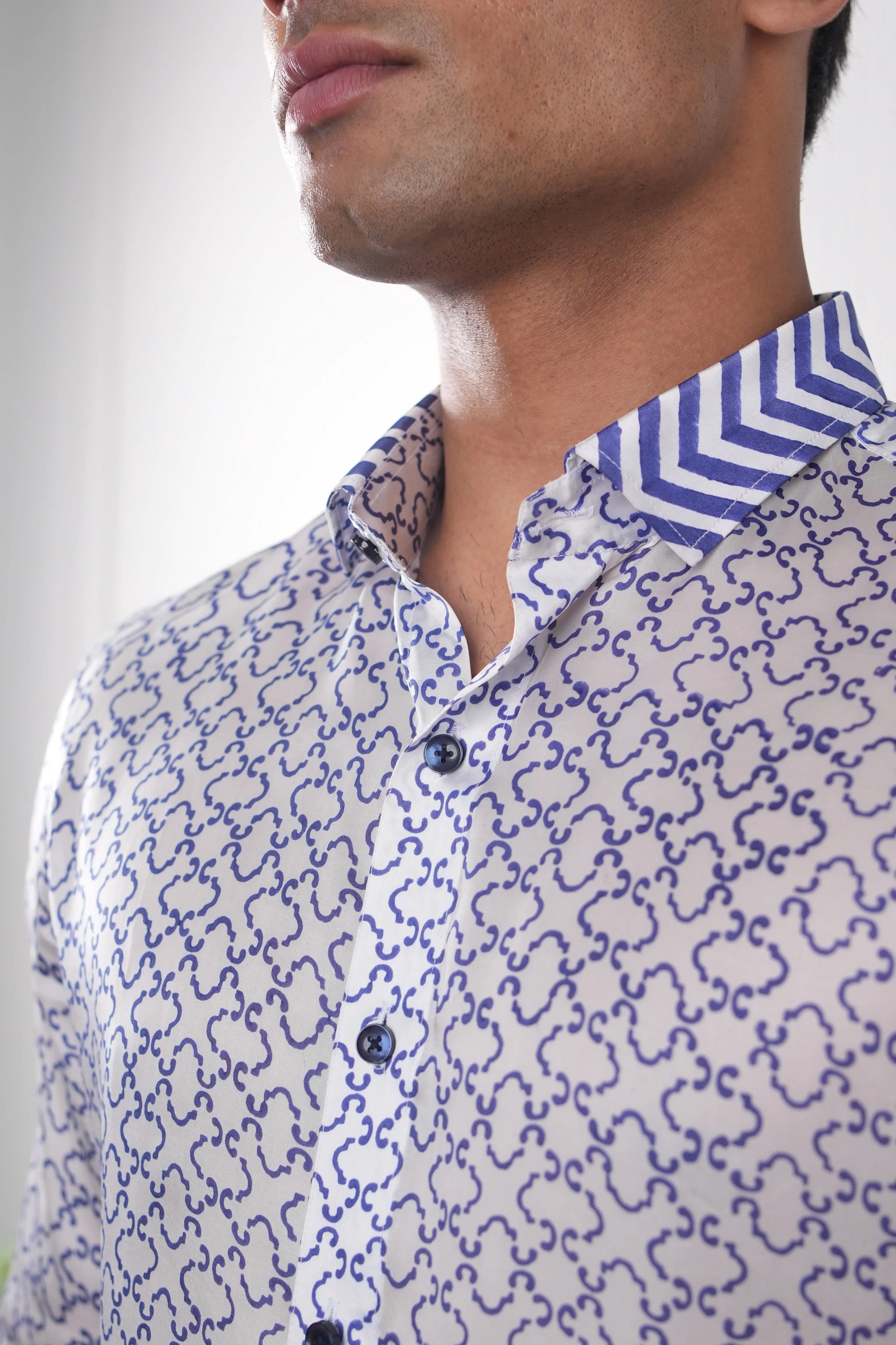 White Bluebonnet Blue Block Print Silk Shirt