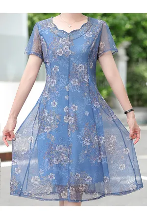Women Thin Short Sleeve Floral Pattern Wonderful Mid Length Breathable Mesh Summer Dress - C13006TCD