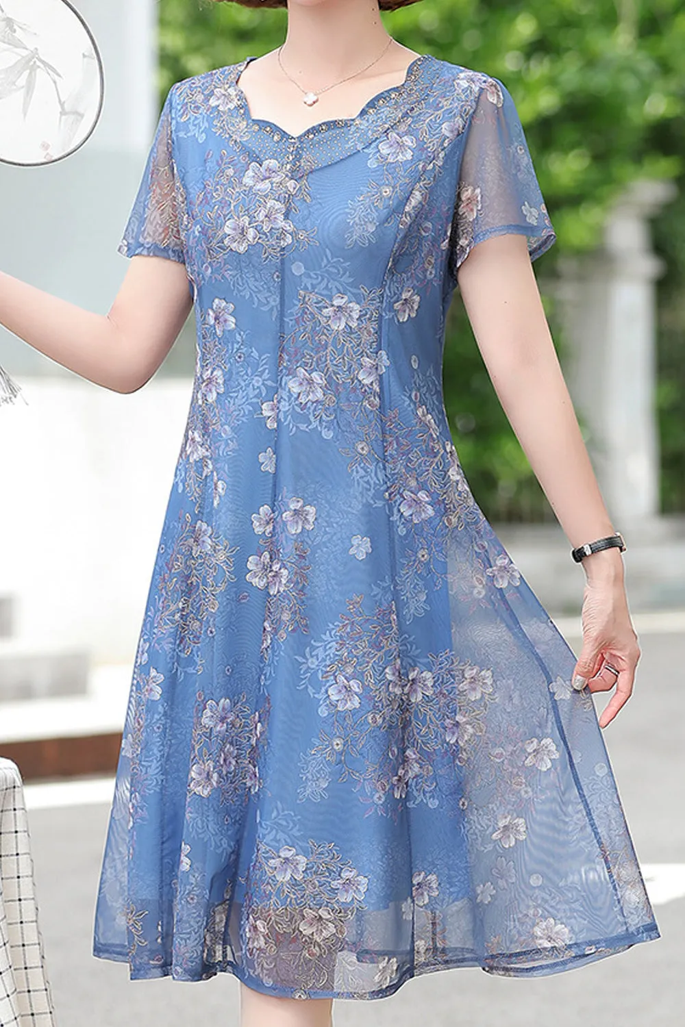 Women Thin Short Sleeve Floral Pattern Wonderful Mid Length Breathable Mesh Summer Dress - C13006TCD