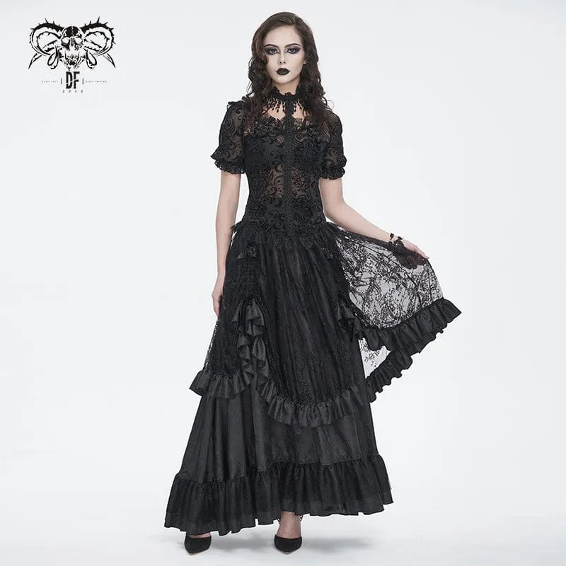 Women's Gothic Drawstring Ruffled Lace Skirt