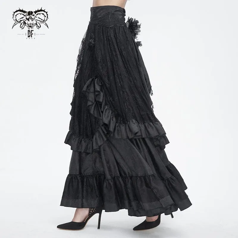Women's Gothic Drawstring Ruffled Lace Skirt