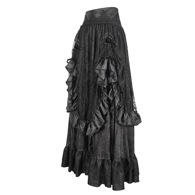 Women's Gothic Drawstring Ruffled Lace Skirt