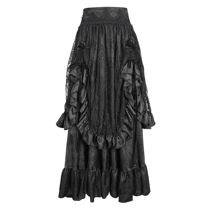 Women's Gothic Drawstring Ruffled Lace Skirt