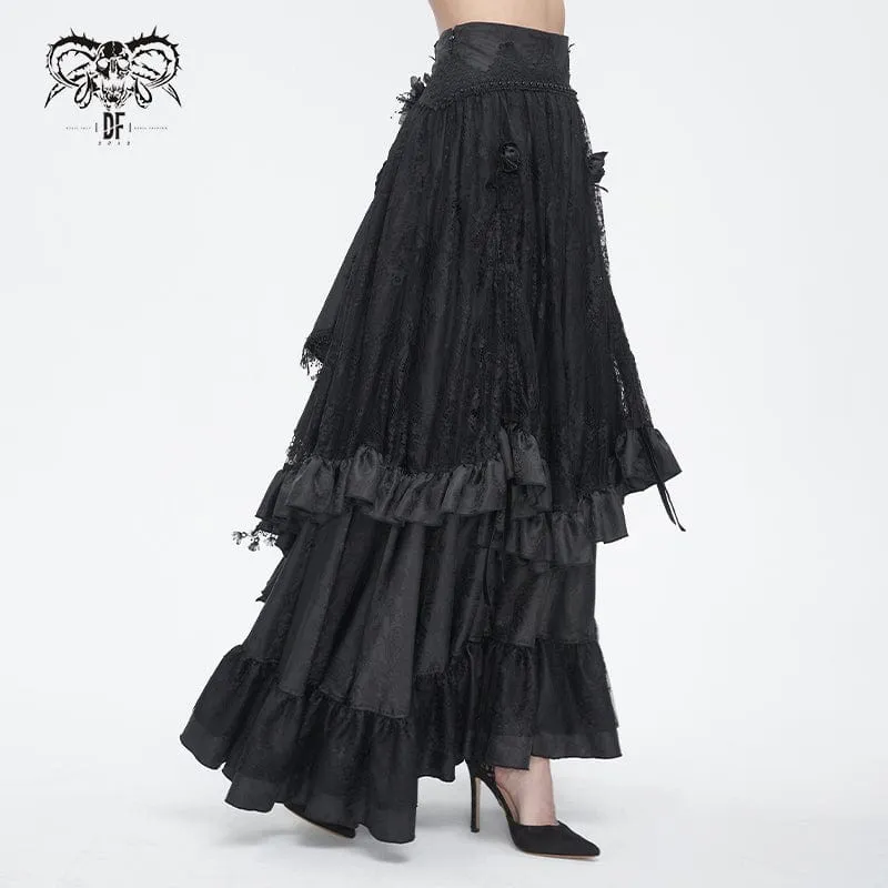 Women's Gothic Drawstring Ruffled Lace Skirt