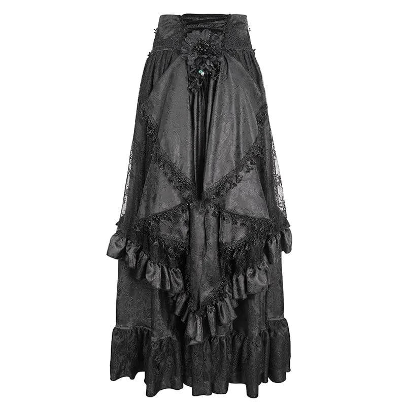 Women's Gothic Drawstring Ruffled Lace Skirt