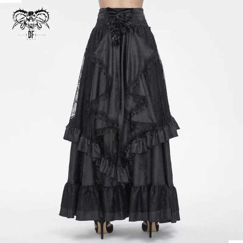 Women's Gothic Drawstring Ruffled Lace Skirt